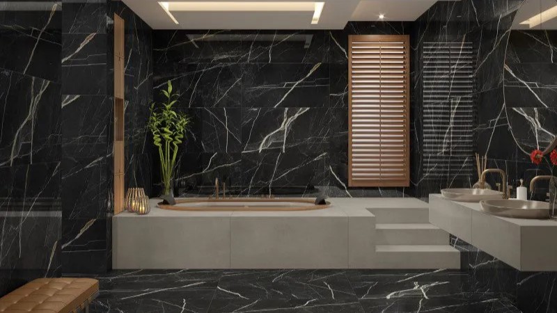 banheiro com piso de porcelanato