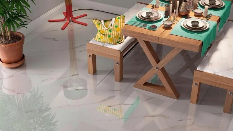 imagem de ambiente com mesa e piso de porcelanato
