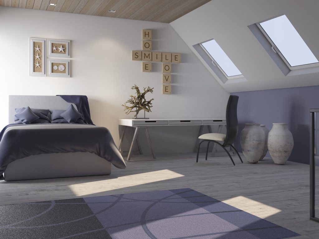 Quarto moderno com mesa e decoração elegante